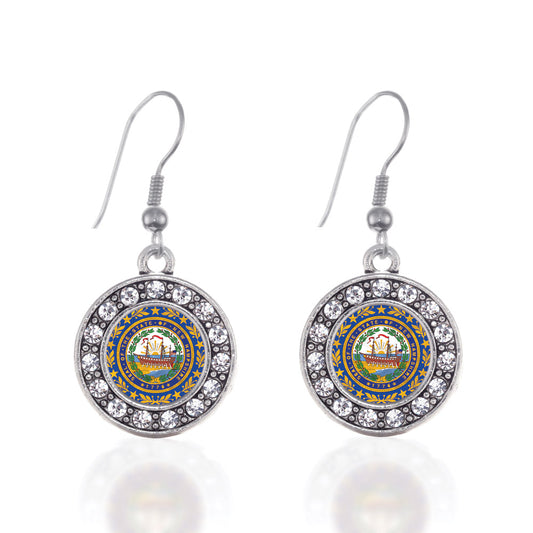 Silver New Hampshire Flag Circle Charm Dangle Earrings