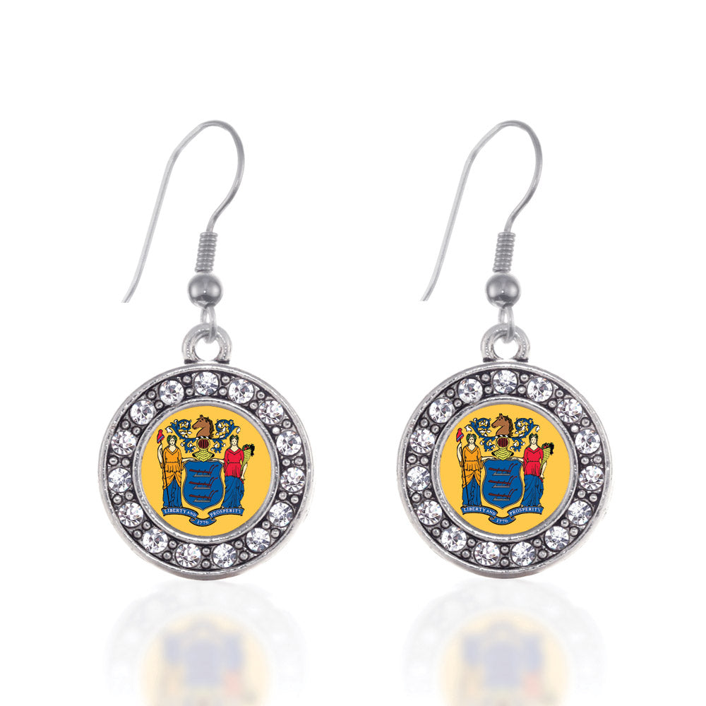 Silver New Jersey Flag Circle Charm Dangle Earrings