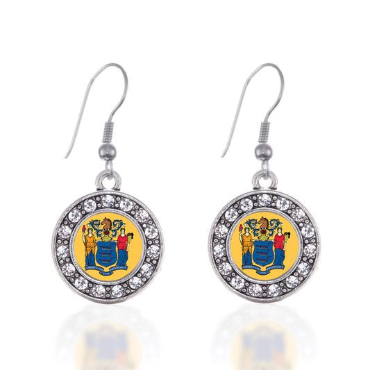 Silver New Jersey Flag Circle Charm Dangle Earrings