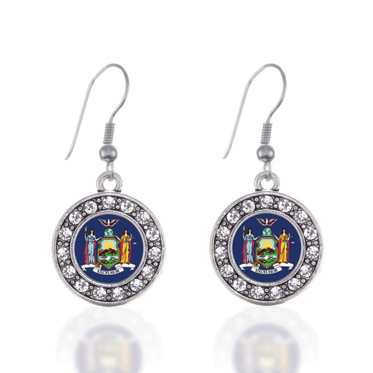 Silver New York Flag Circle Charm Dangle Earrings