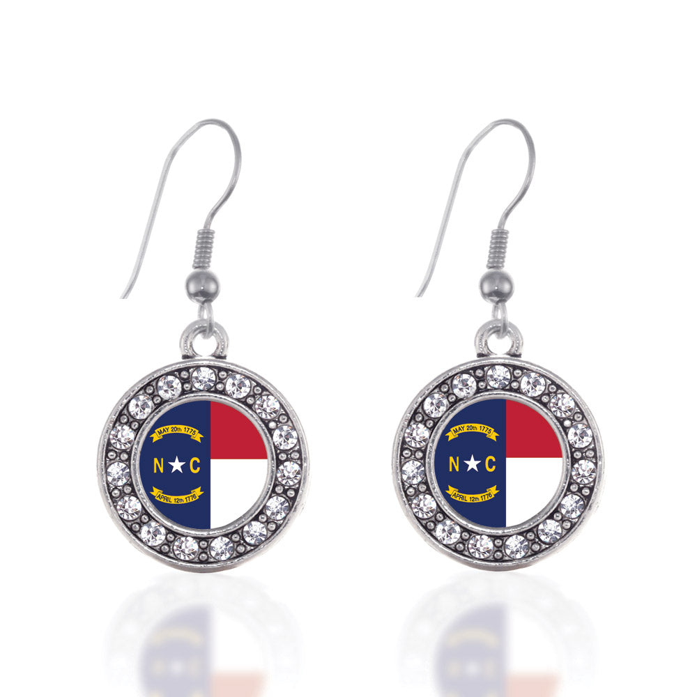 Silver North Carolina Flag Circle Charm Dangle Earrings