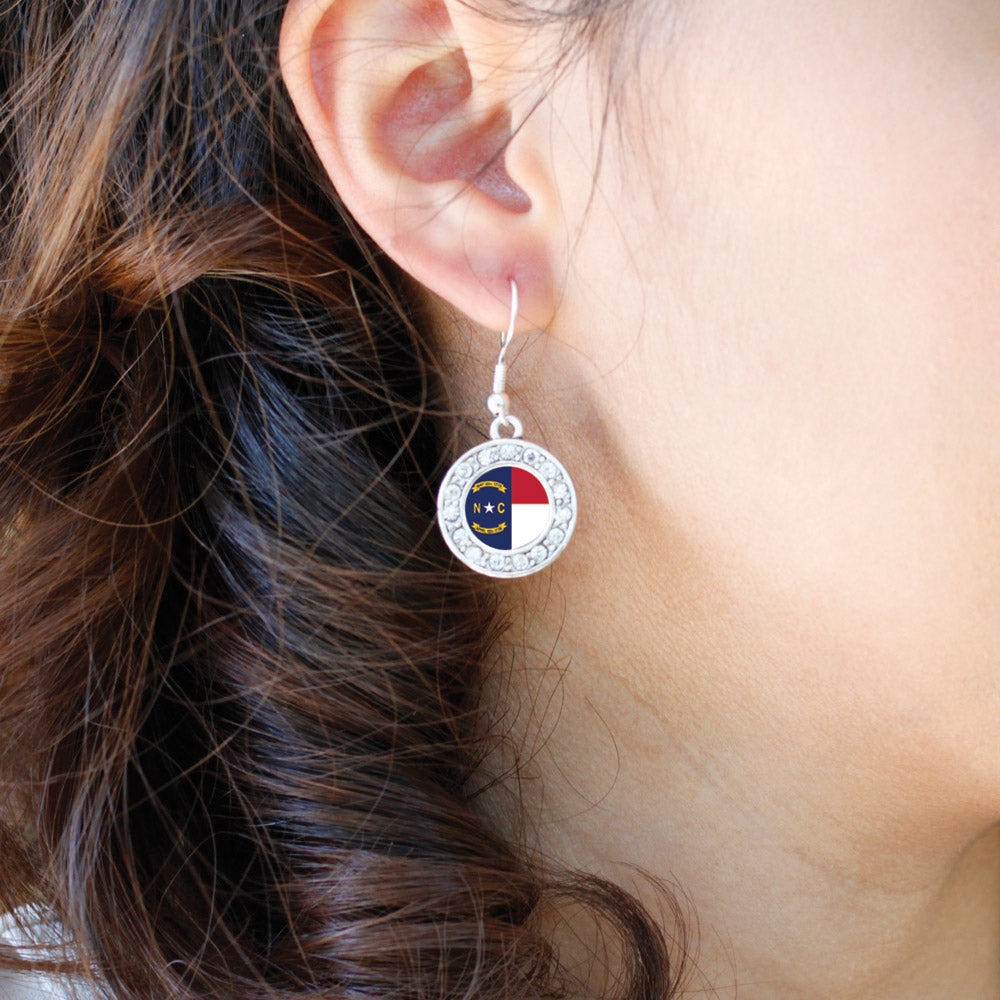 Silver North Carolina Flag Circle Charm Dangle Earrings