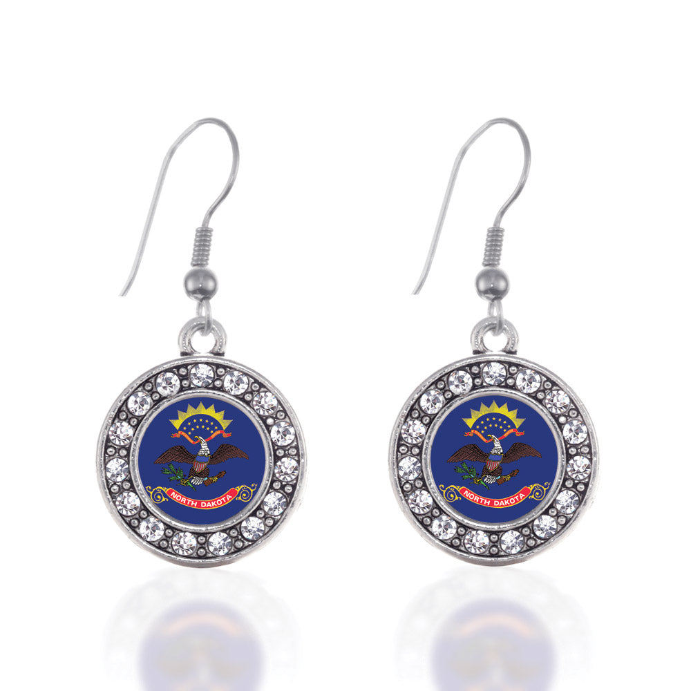 Silver North Dakota Flag Circle Charm Dangle Earrings
