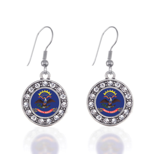 Silver North Dakota Flag Circle Charm Dangle Earrings