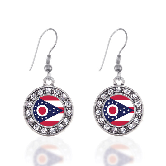 Silver Ohio Flag Circle Charm Dangle Earrings