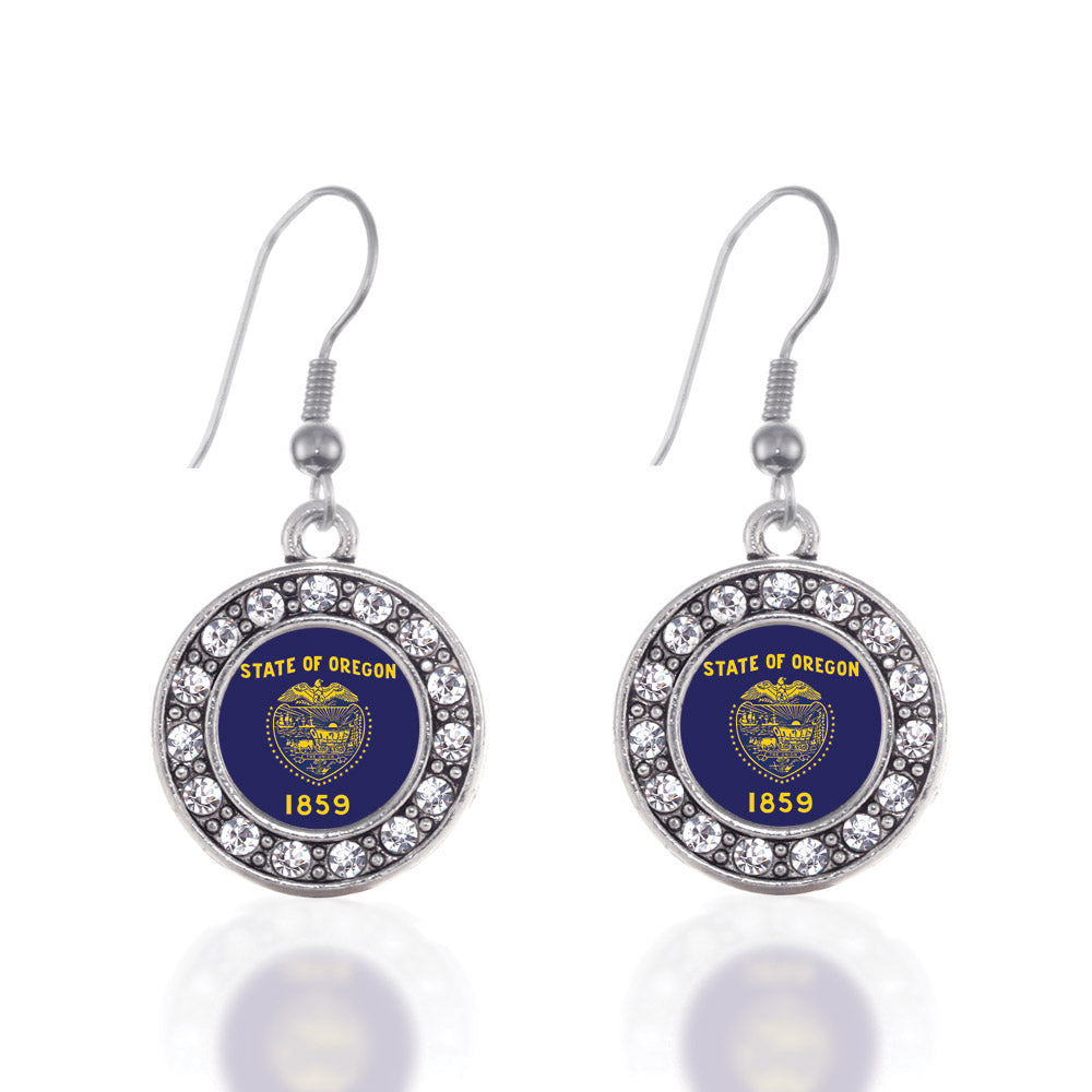 Silver Oregon Flag Circle Charm Dangle Earrings