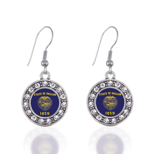 Silver Oregon Flag Circle Charm Dangle Earrings