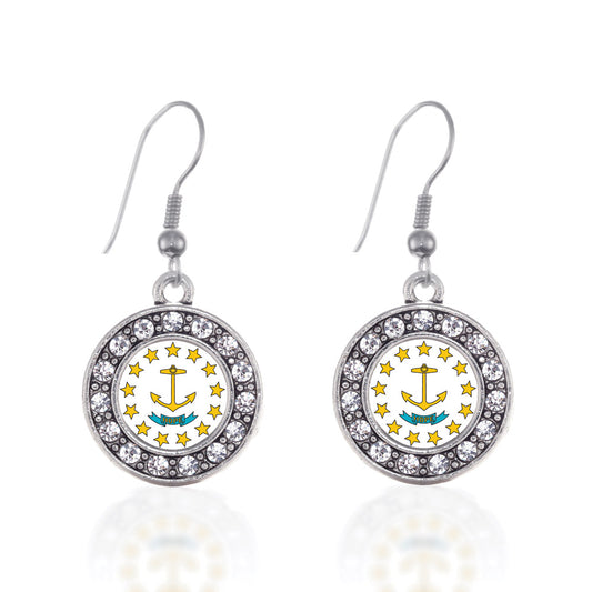Silver Rhode Island Flag Circle Charm Dangle Earrings