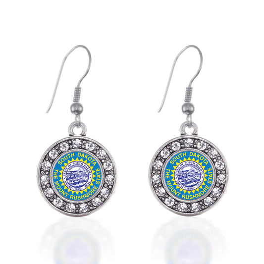 Silver South Dakota Flag Circle Charm Dangle Earrings