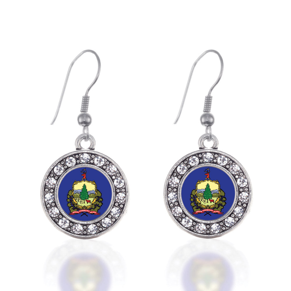 Silver Vermont Flag Circle Charm Dangle Earrings