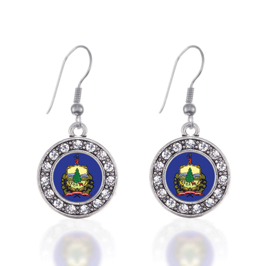 Silver Vermont Flag Circle Charm Dangle Earrings