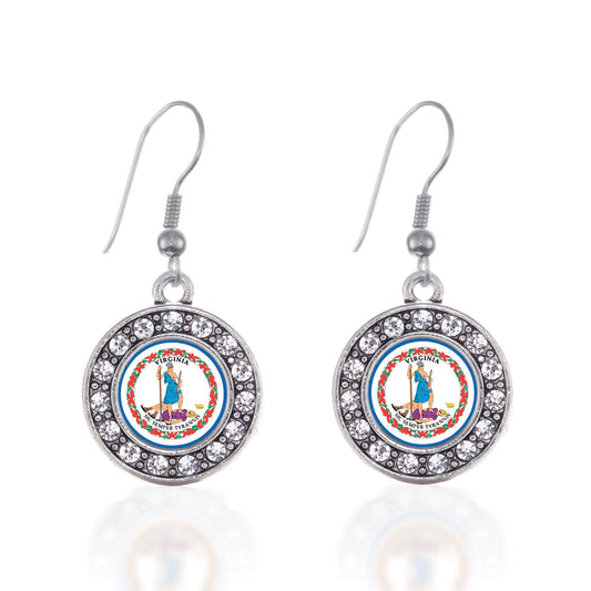 Silver Virginia Flag Circle Charm Dangle Earrings