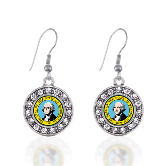 Silver Washington Flag Circle Charm Dangle Earrings