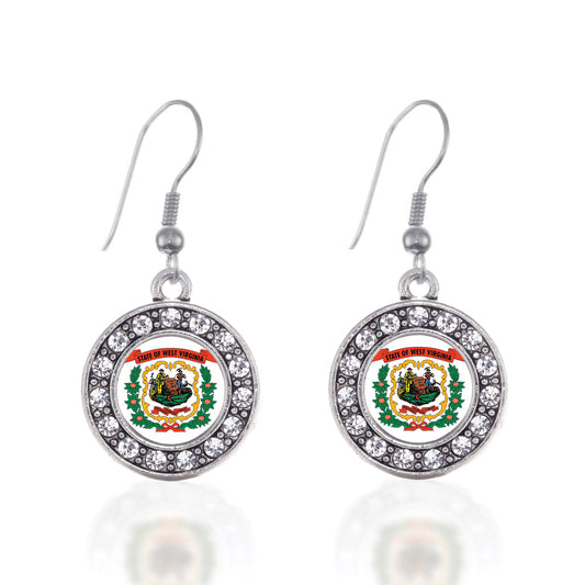 Silver West Virginia Flag Circle Charm Dangle Earrings