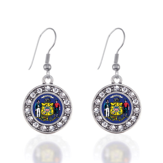 Silver Wisconsin Flag Circle Charm Dangle Earrings