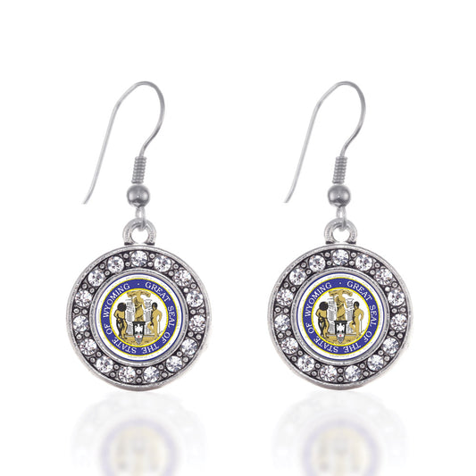 Silver Wyoming Flag Circle Charm Dangle Earrings