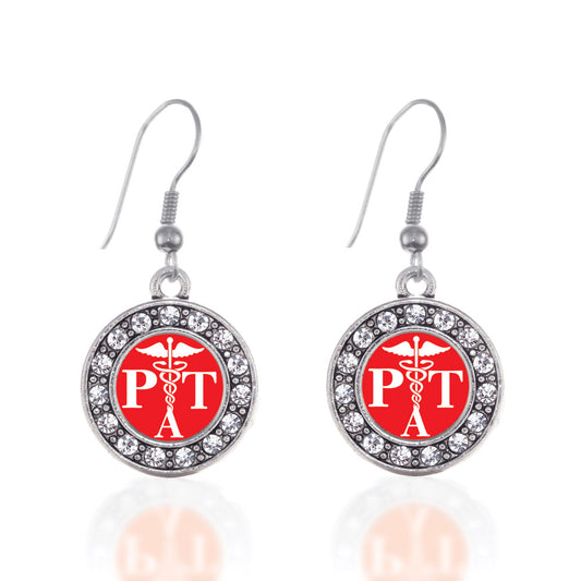 Silver Physical Therapist Assistant Circle Charm Dangle Earrings