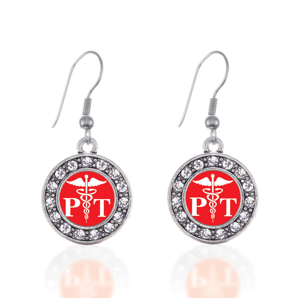 Silver Physical Therapist Circle Charm Dangle Earrings