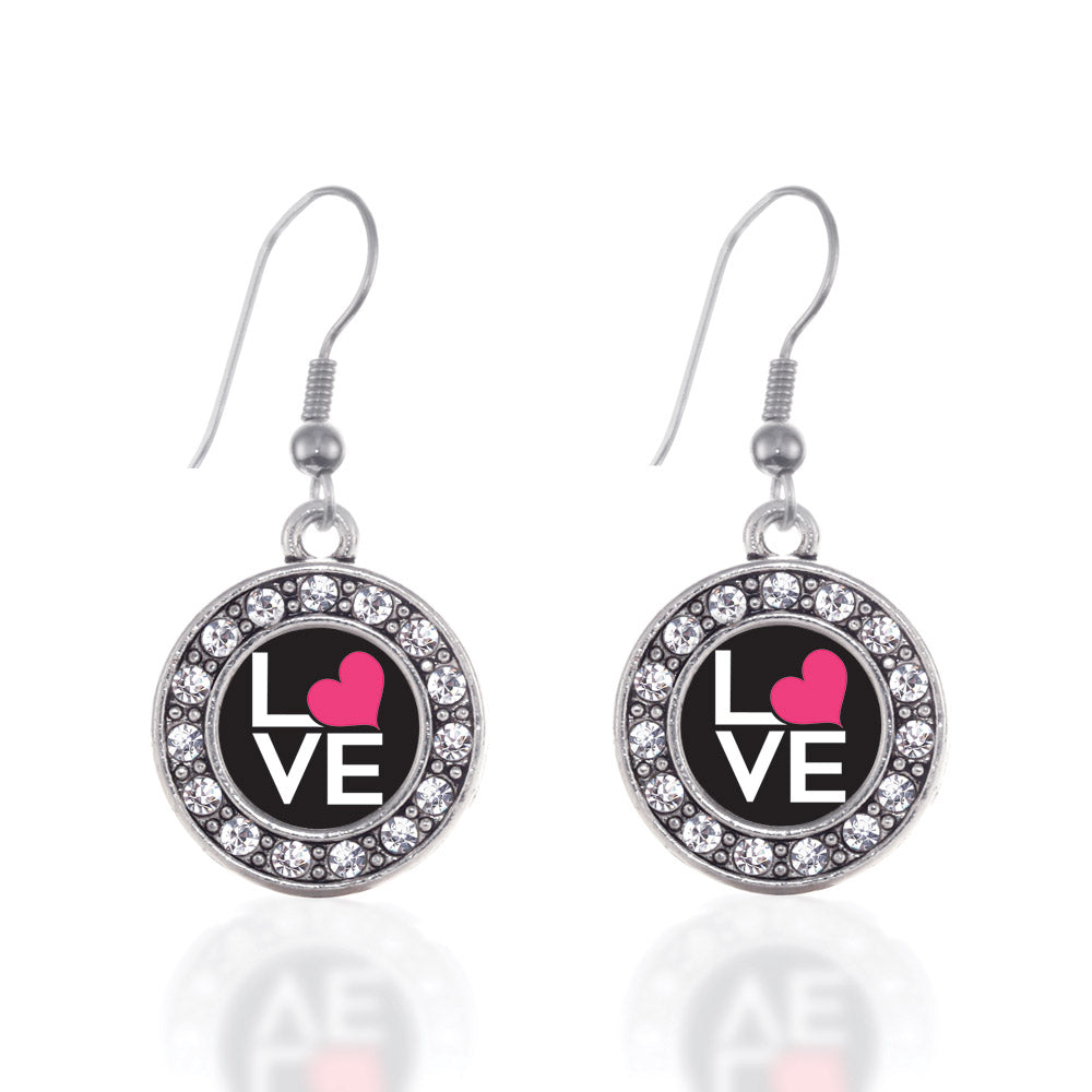 Silver Love Heart Circle Charm Dangle Earrings