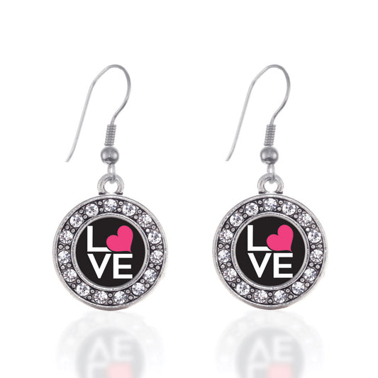 Silver Love Heart Circle Charm Dangle Earrings