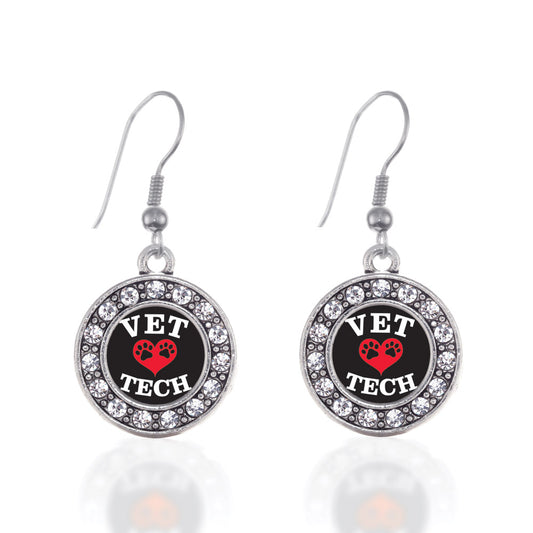 Silver Vet Tech Circle Charm Dangle Earrings