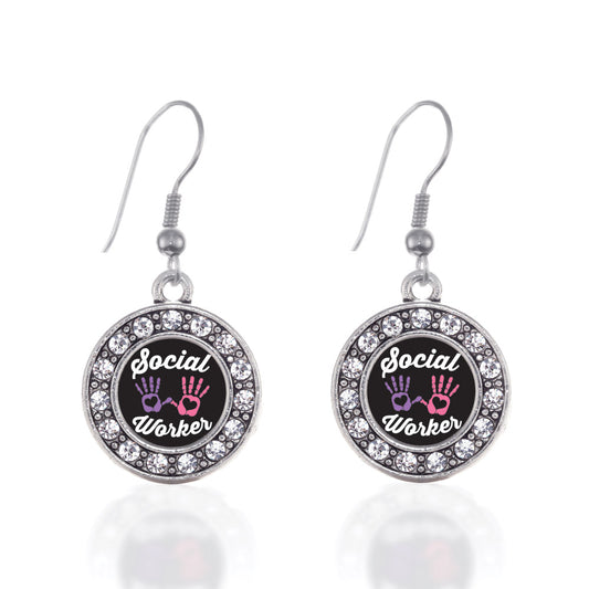 Silver Social Worker Circle Charm Dangle Earrings
