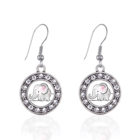 Silver Baby Elephant Circle Charm Dangle Earrings