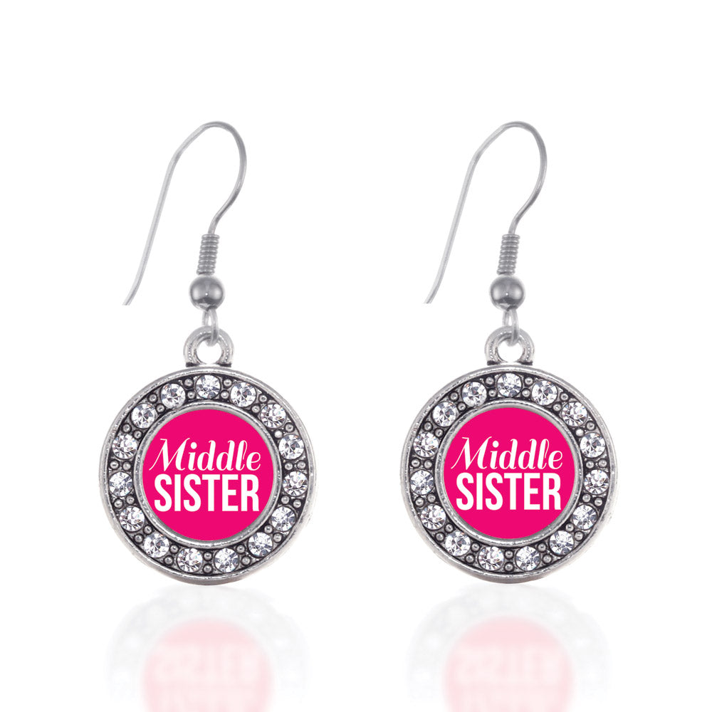 Silver Middle Sister Circle Charm Dangle Earrings