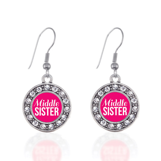 Silver Middle Sister Circle Charm Dangle Earrings