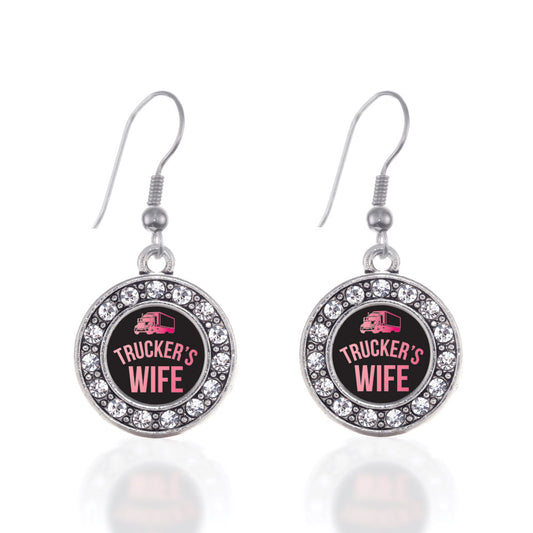 Silver Trucker's Wife Circle Charm Dangle Earrings