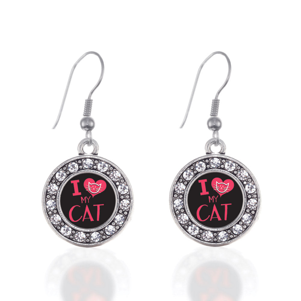 Silver I Love My Cat Circle Charm Dangle Earrings
