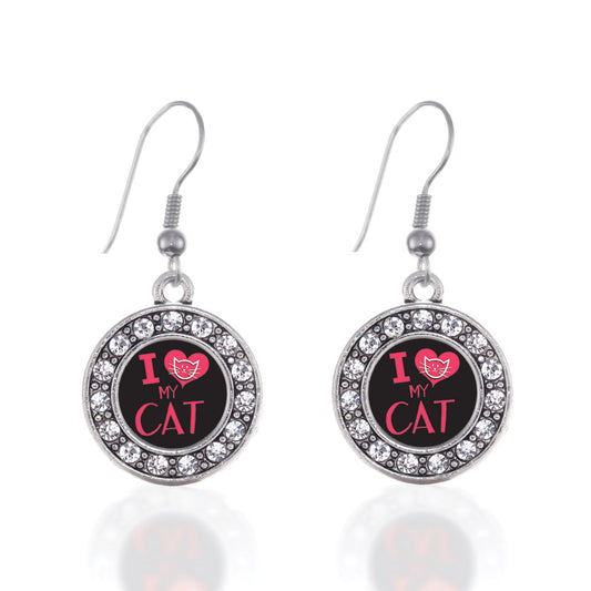 Silver I Love My Cat Circle Charm Dangle Earrings