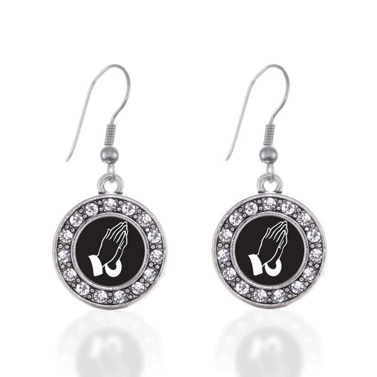 Silver Praying Hands Circle Charm Dangle Earrings