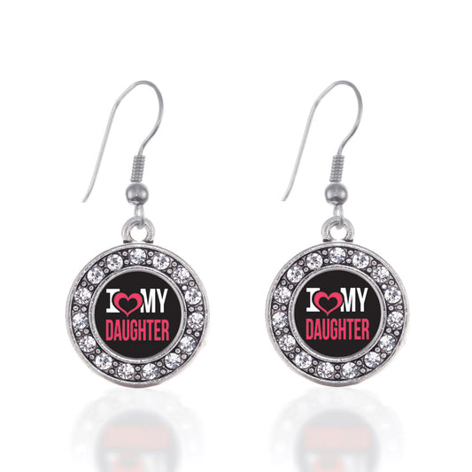 Silver I Love My Daughter Circle Charm Dangle Earrings