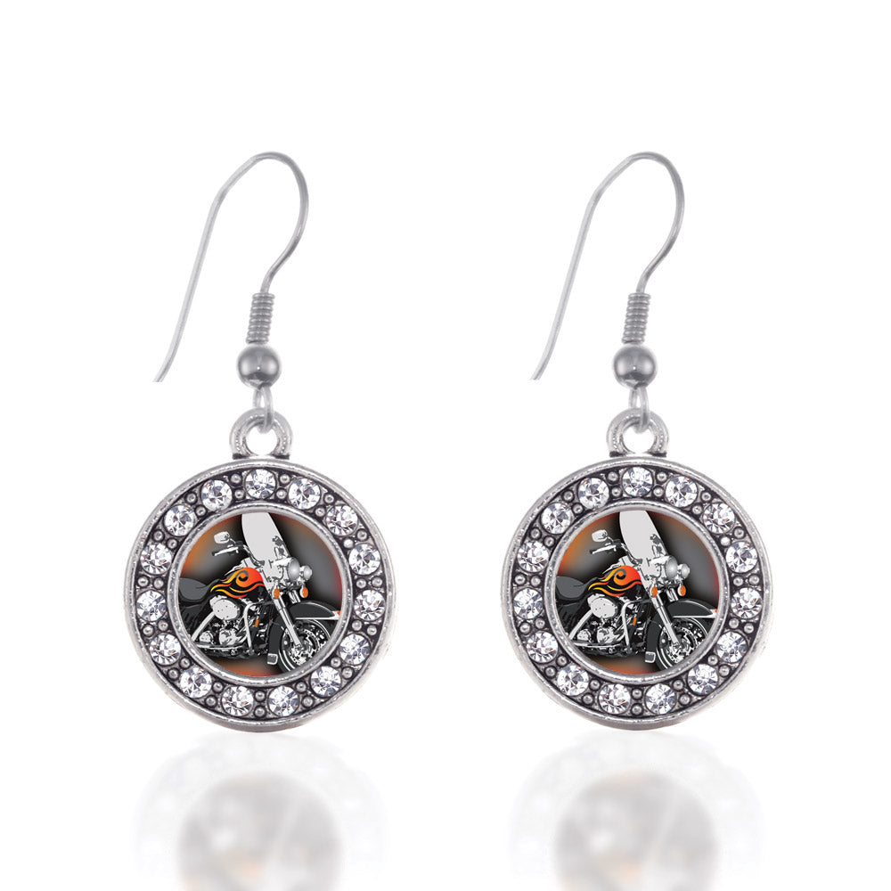 Silver Motorcycle Lovers Circle Charm Dangle Earrings