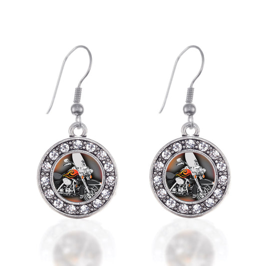 Silver Motorcycle Lovers Circle Charm Dangle Earrings