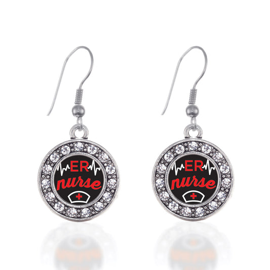 Silver ER Nurse Circle Charm Dangle Earrings