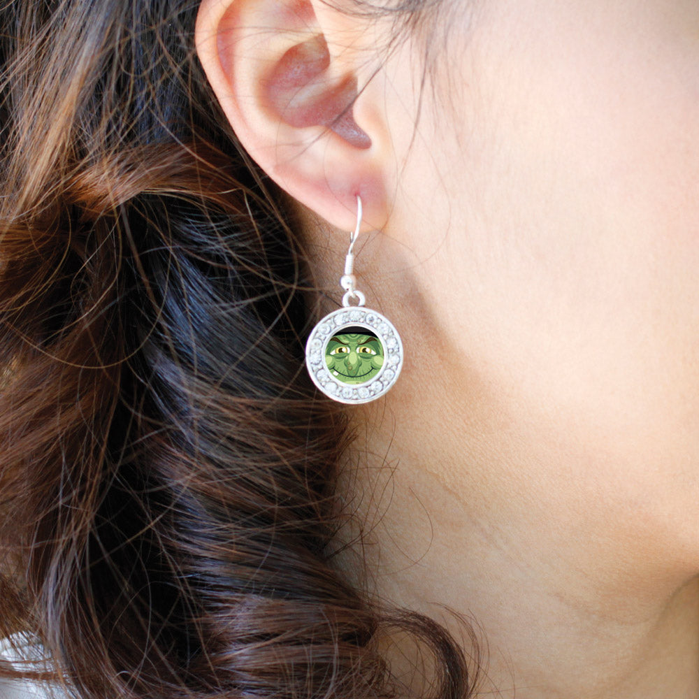 Silver Witty Witch Circle Charm Dangle Earrings