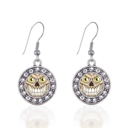 Silver Grinning Skull Circle Charm Dangle Earrings