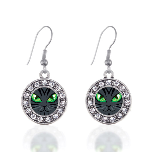 Silver Mischevious Cat Circle Charm Dangle Earrings