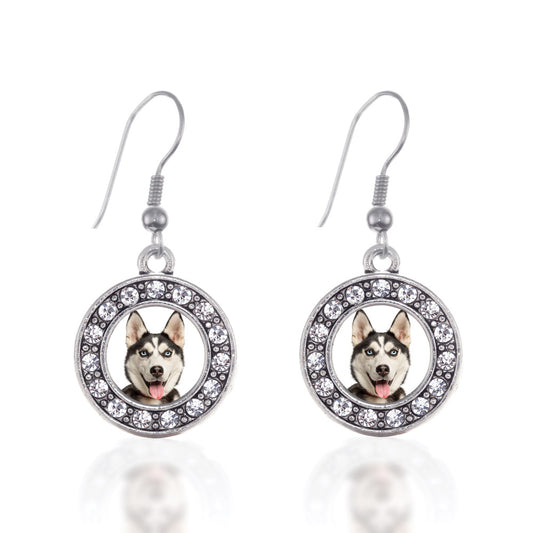Silver Siberian Husky Circle Charm Dangle Earrings