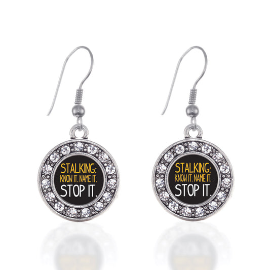 Silver Stalker Awareness Circle Charm Dangle Earrings