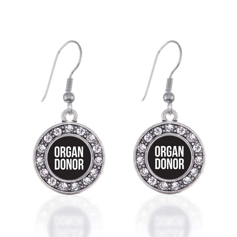 Silver Organ Donor Black Circle Charm Dangle Earrings