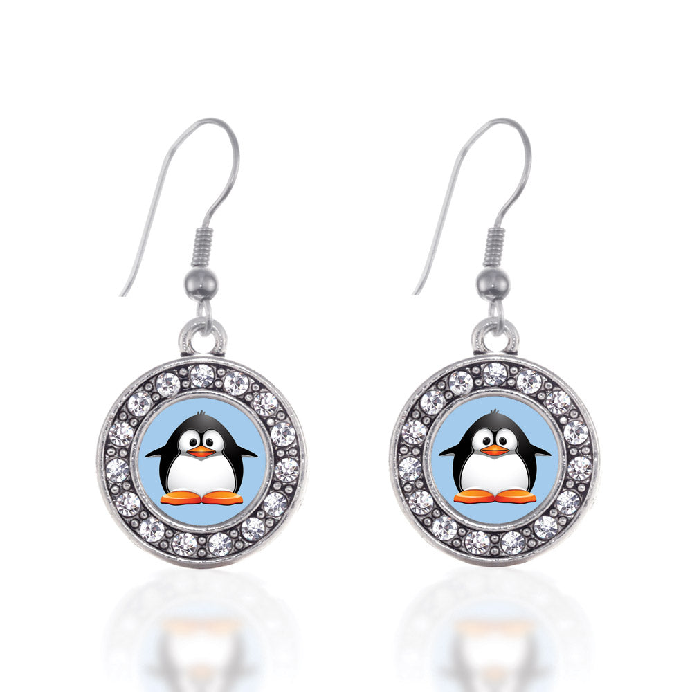 Silver Penguin Circle Charm Dangle Earrings