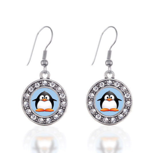 Silver Penguin Circle Charm Dangle Earrings
