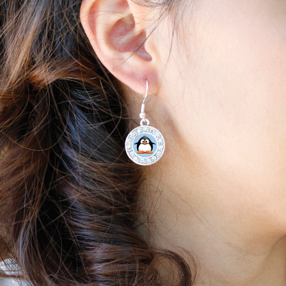Silver Penguin Circle Charm Dangle Earrings