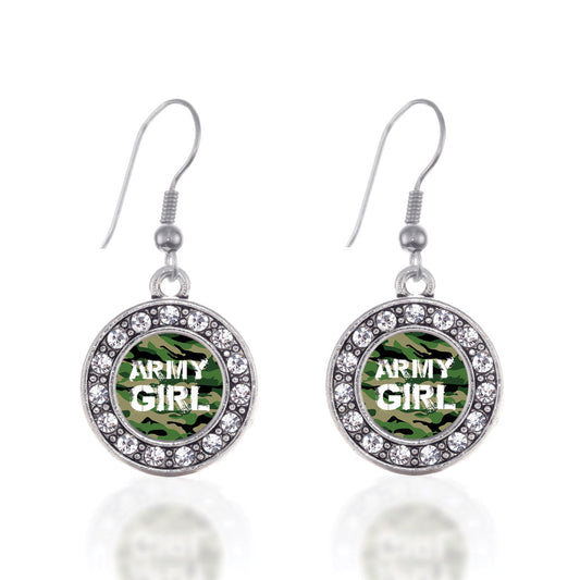 Silver Army Girl Circle Charm Dangle Earrings
