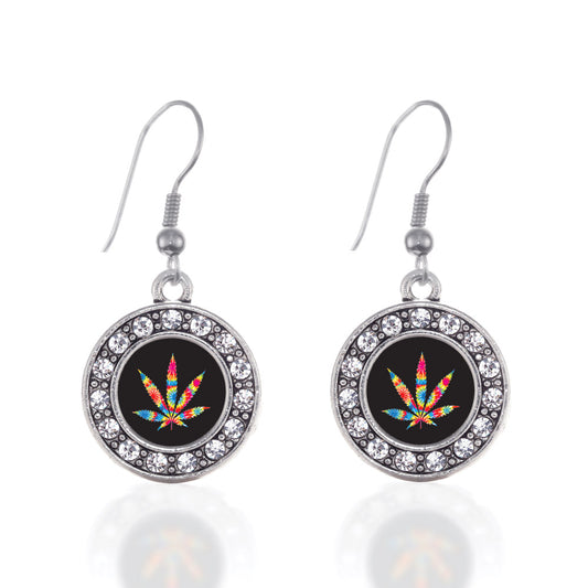 Silver Tie Dye Marijuana Leaf Circle Charm Dangle Earrings