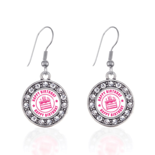 Silver Happy Birthday Circle Charm Dangle Earrings
