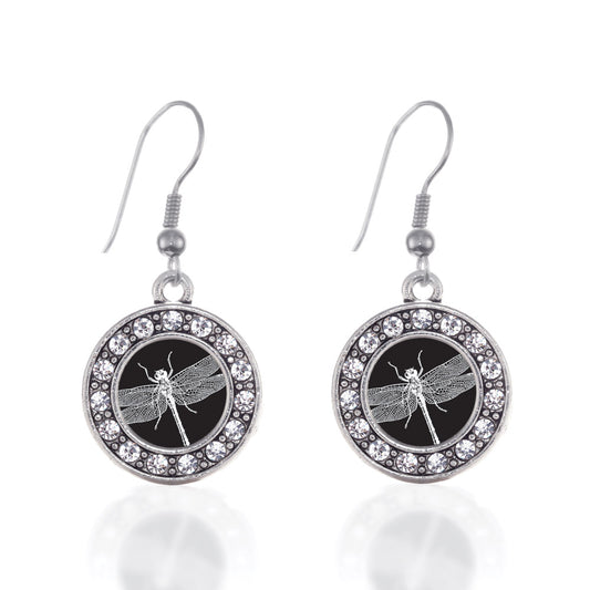 Silver Dragon Fly Circle Charm Dangle Earrings